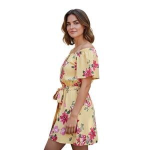 SPIN USA Women Plus 1X Dress Linen Blend Yellow Floral Off Shoulder Bust 42" NEW